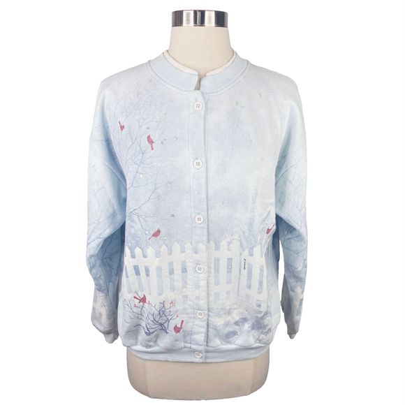 Vintage 90’s Artisans Screen Printing & Embroidery Winter Scene Fleece Cardigan - Picture 1 of 5